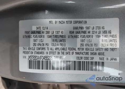 2015 Mazda Cx-9 Touring из США, поврежденный, VIN JM3TB3CAXF0455225